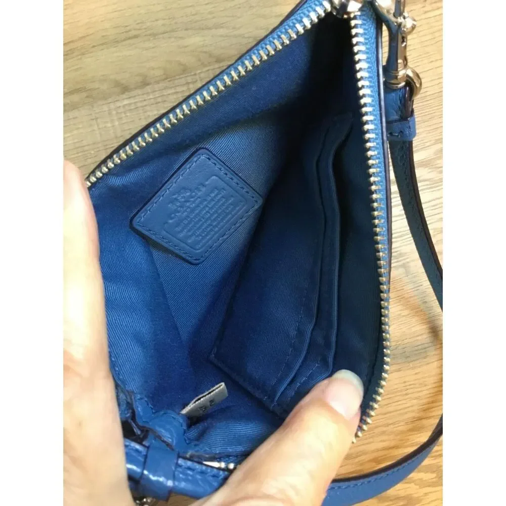 Coach Blue Pebbled Leather Wristlet w/Shearling Trim, Pom Pom & Dusty